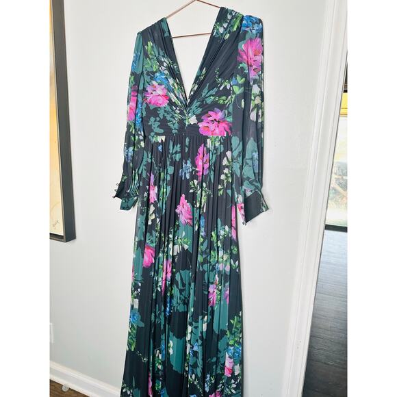 BADGLEY MISCHKA Black Green Floral Long Sleeve V-Neck Pleated Gown Size 4 - Picture 6 of 12